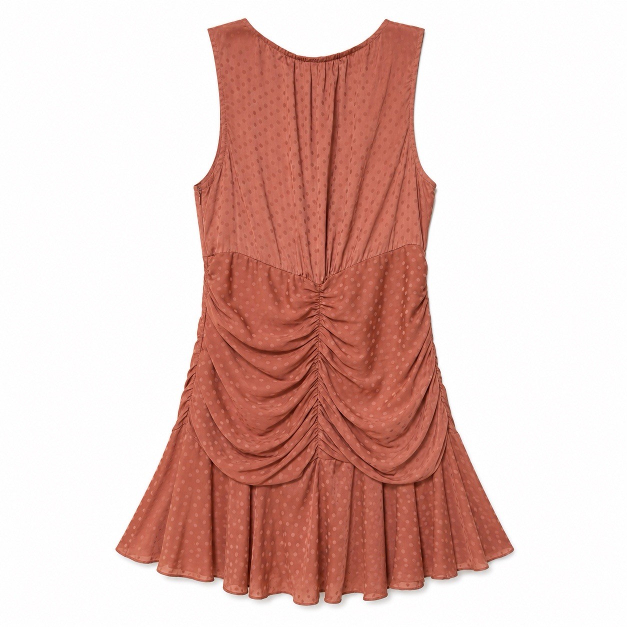 STORIA Ruched Ruffle Mini Dress Women’s M Rust Polka Dot Sleeveless V Neck