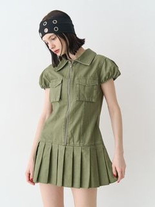 【jouetie】Military Pleated Mini Dress Khaki Front Zip Cotton Size M
