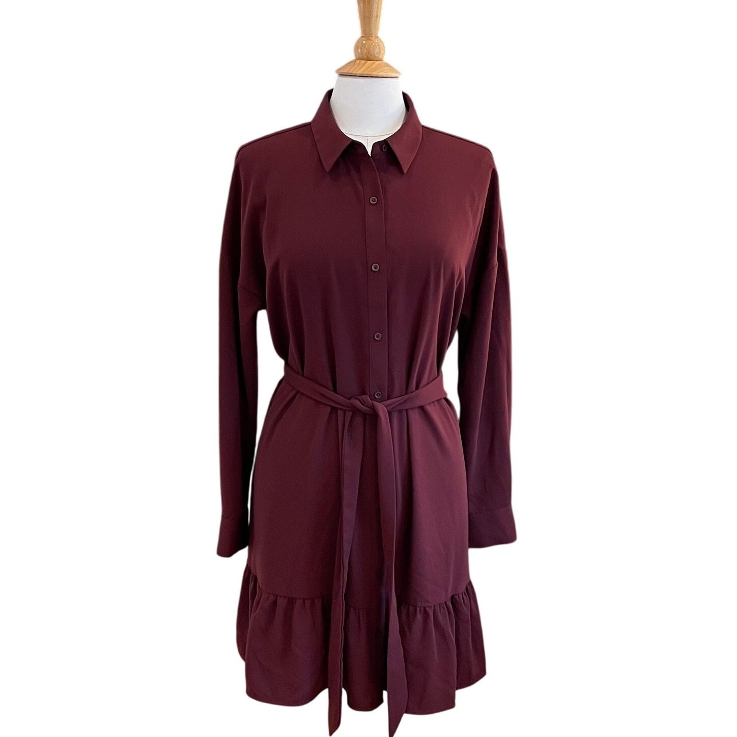 Nine West Burgundy Red Long Sleeve Shirt Dress, Collared, Tie Belt, Ruffle Hem L