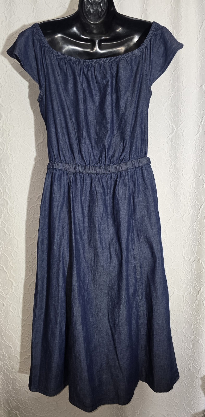 Millennium Denim Elastic Waist Button Down Flutter SleeveDress Front Slits Sz M