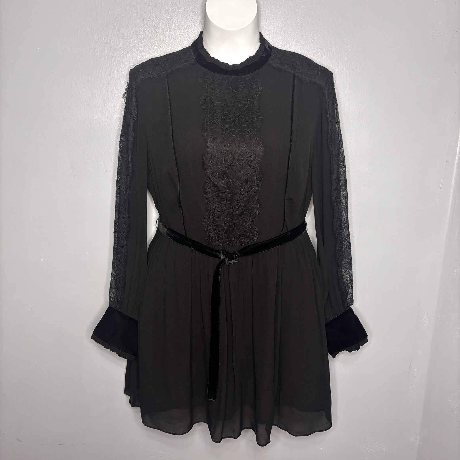 Zara Dress XL Black Velvet Trim Lace Gothic Boho Victorian Cocktail Party Witchy