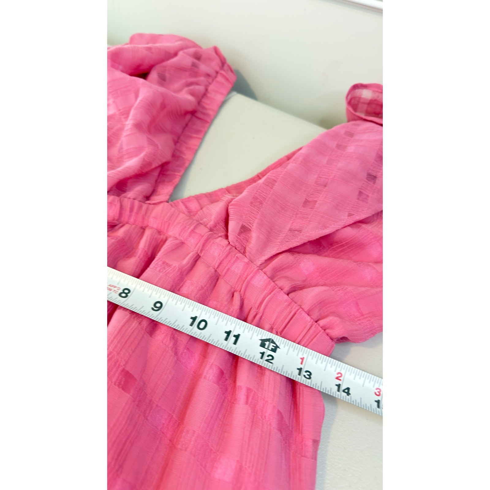 Storia Dress Pink Flutter Sleeve Tiered V-neck Plaid Texture Boho Romantic M