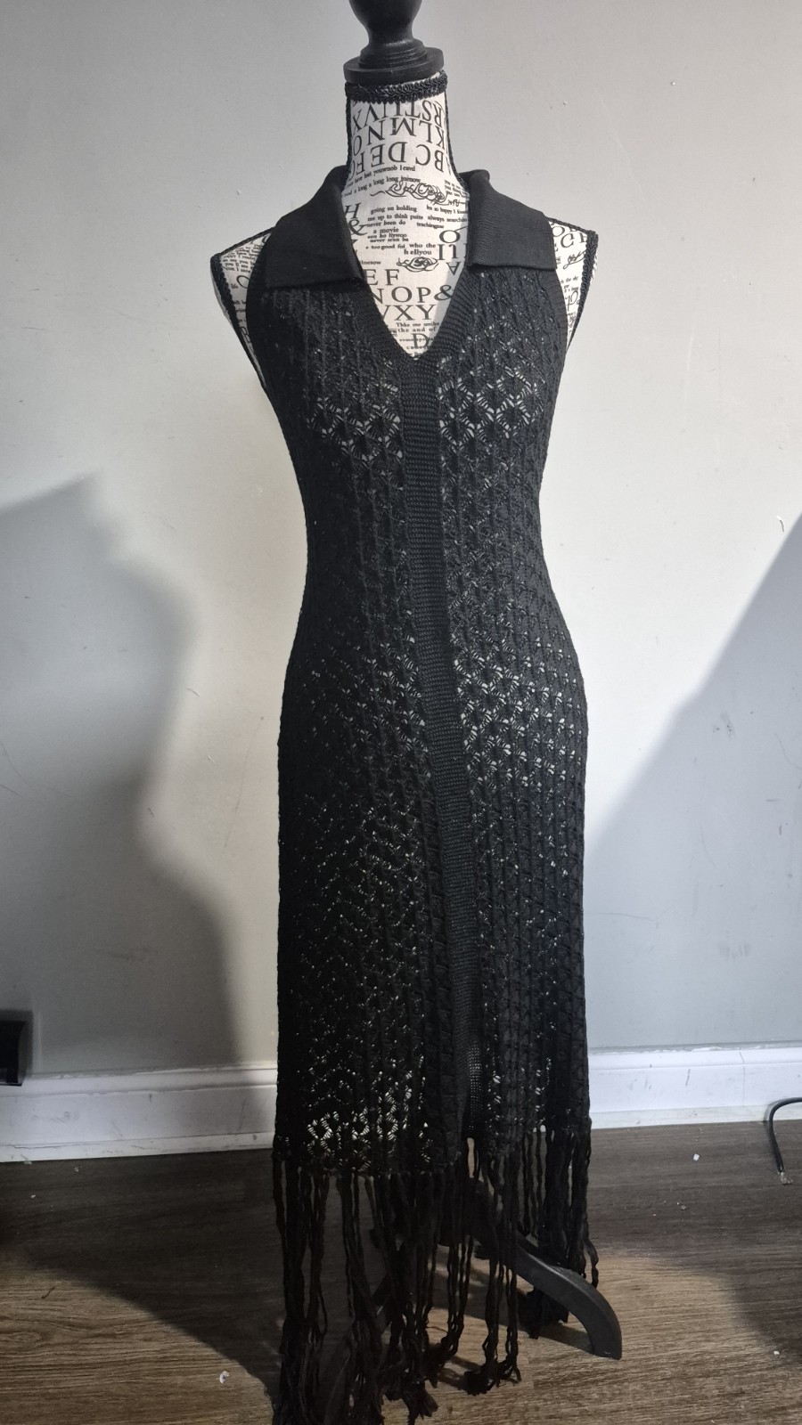 Women’s Black Crochet Sleeveless Collared Maxi Dress Fringe Hem Sheer