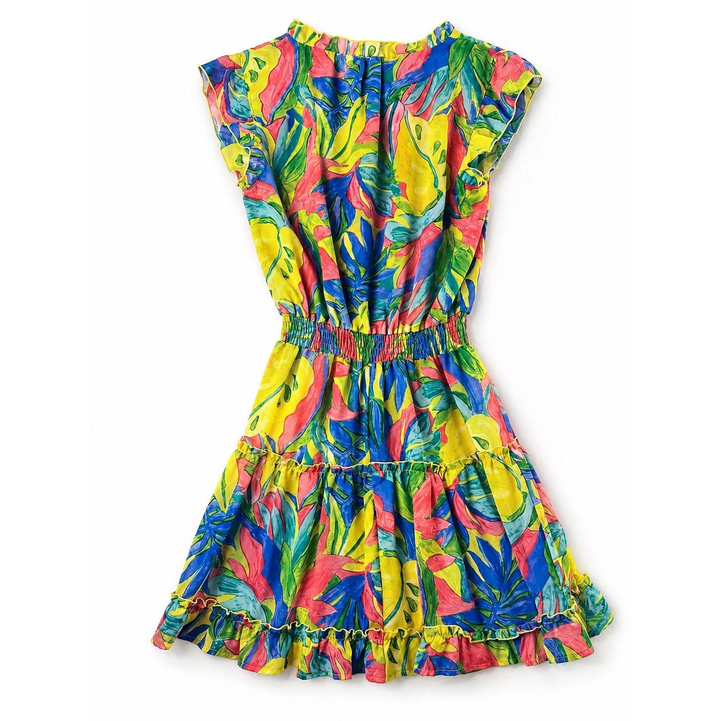 Kylie Paige Womens Tropical Leaf Print Smocked Waist Ruffle Mini Dress Colorful