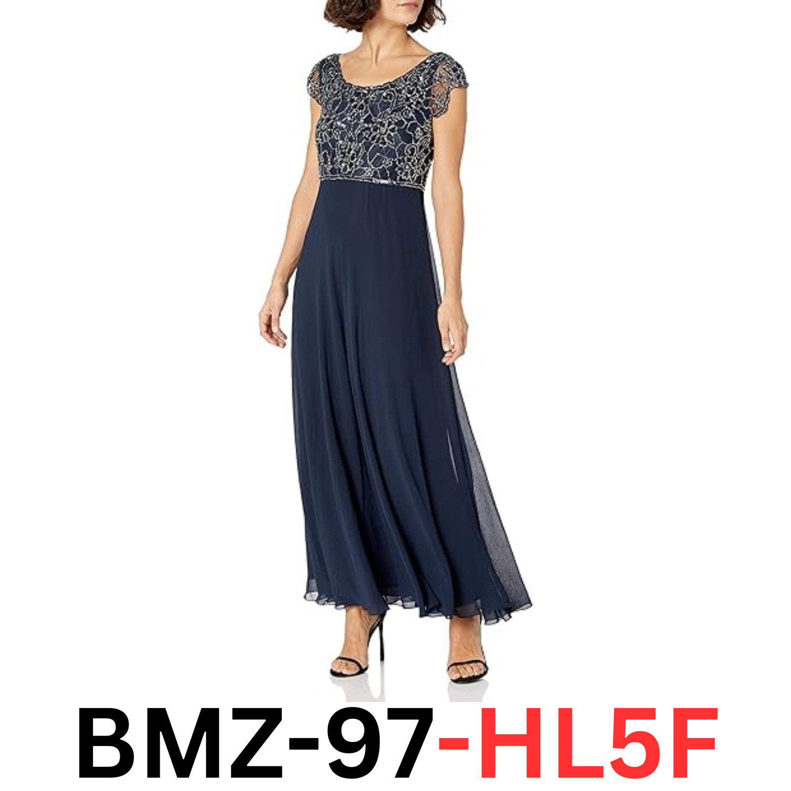 J Kara Women’s Petite Long Dress with Flutter Sleeve, Navy/Multi, Size 6P