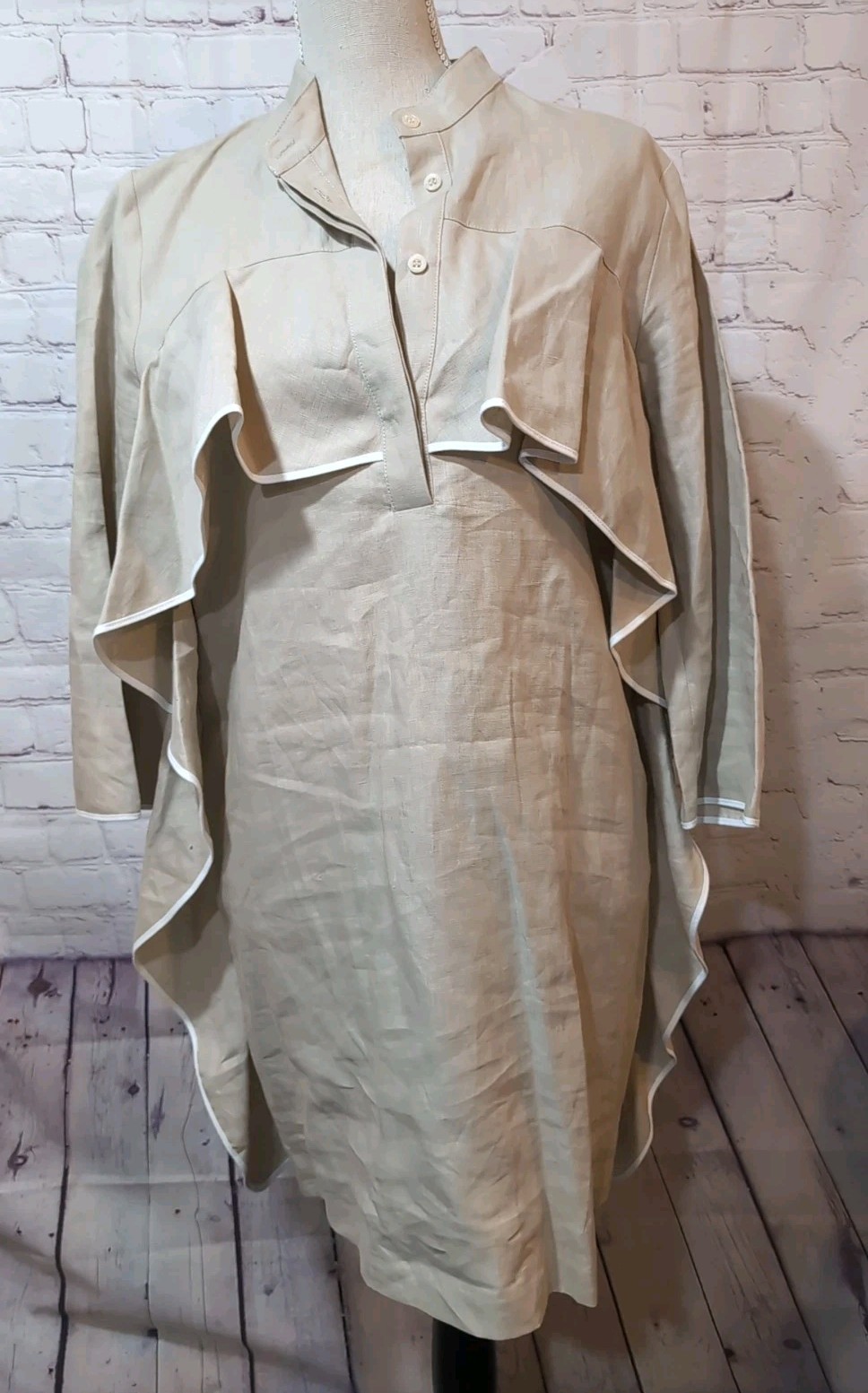 Socapri Italian Linen Tunic Dress Beige Ruffle Front 100% Flax Size 42 Capsule