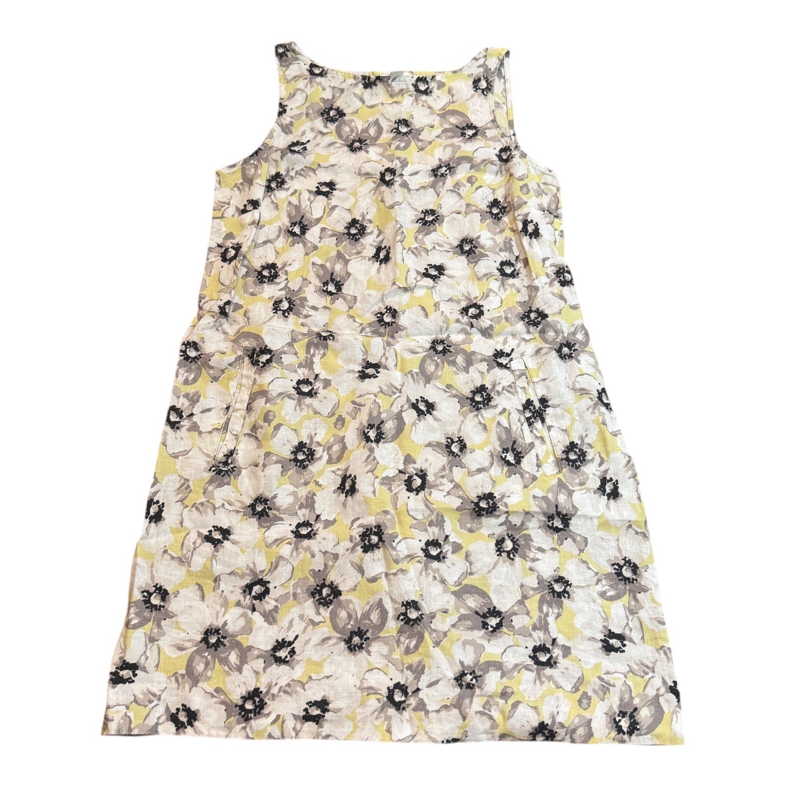 J.Jill Love Linen Floral Print Sleeveless Dress Yellow Gray White XS Pockets