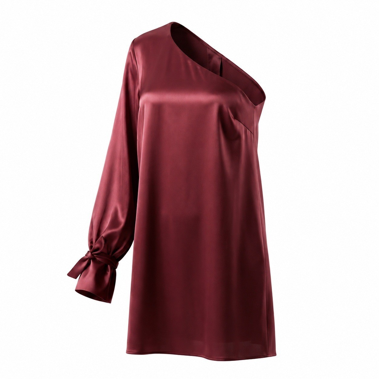 Tanya Taylor One Shoulder Mini Dress Womens 12 Burgundy Good Satin Tie Cuff