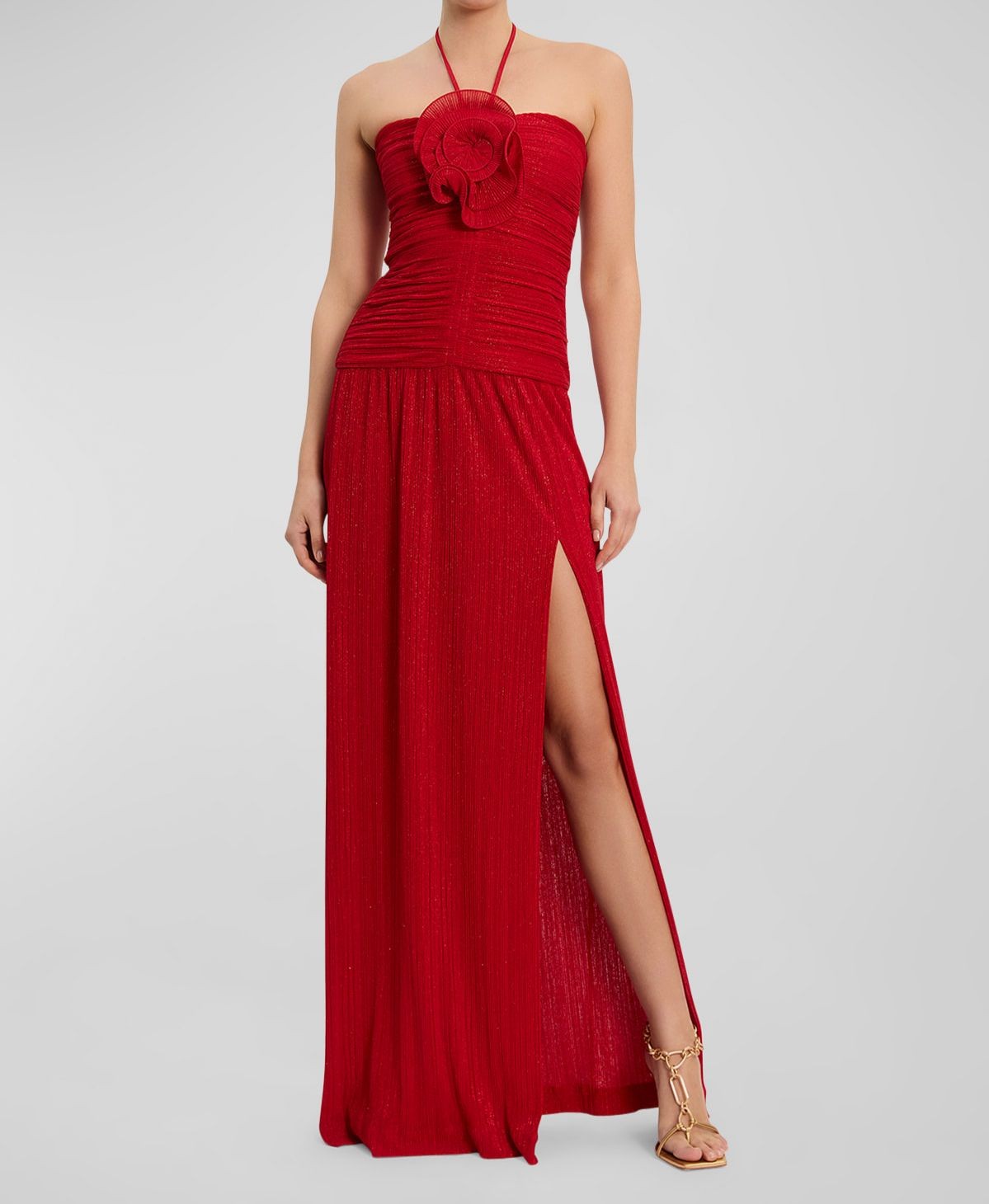 Rebecca Vallance Women’s Red Samantha Side-Slit Shimmer Halter Gown Dress Size 6