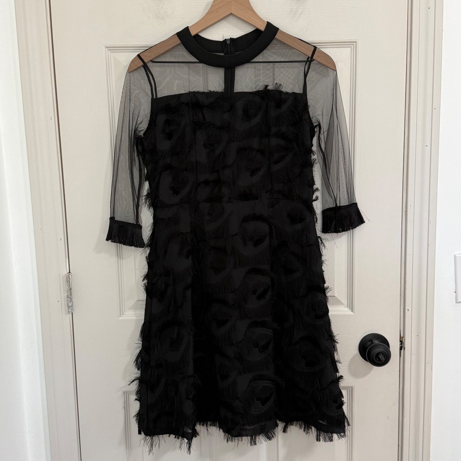 Whimsigoth Dress Womens XS Black Eyelash Fringe Mesh Yoke Cocktail LBD Gothic