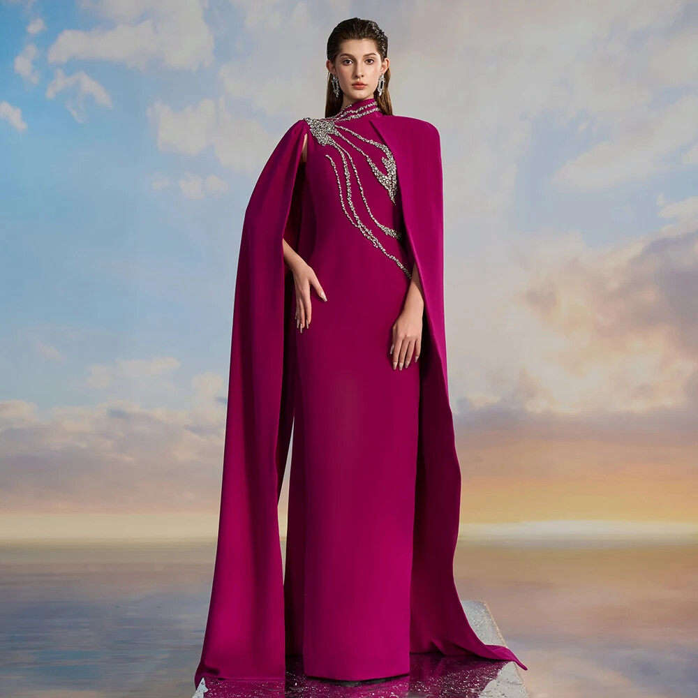 Luxury Mermaid Crystal Ball Dress with High Collar Landing Satin Evening Gown