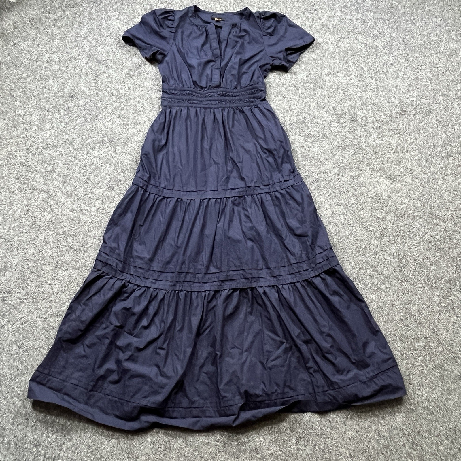 Quince 100% Organic Cotton Tiered Maxi Dress Womens XS Navy Blue Cottagecore