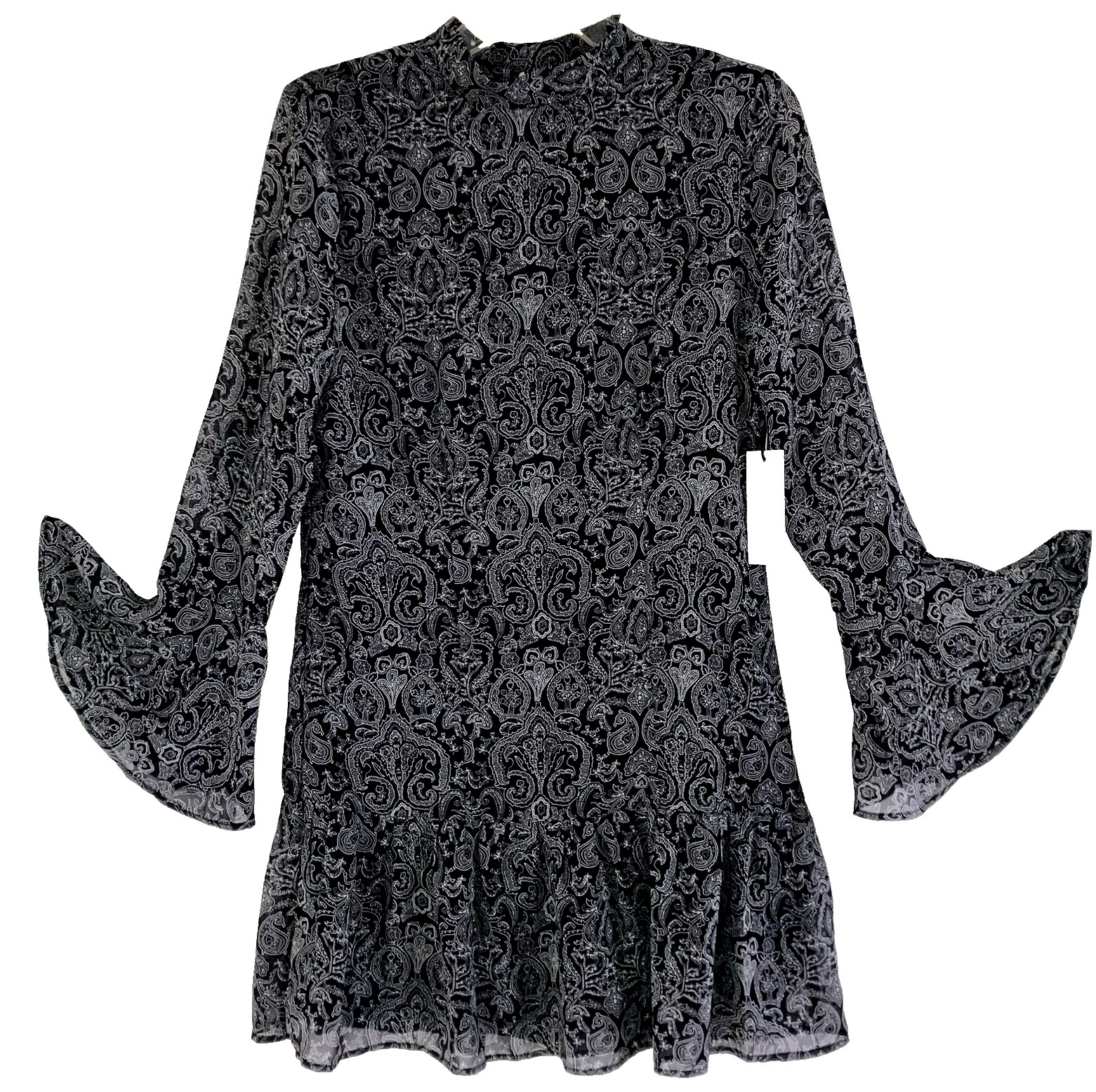 DAX S Black & White Chiffon Long Bell Cuff Sleeve Knee Dress Lined Flowy LBD