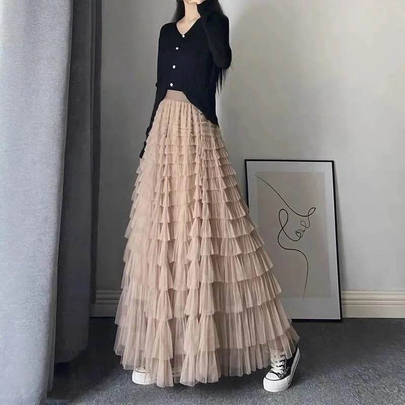 Extended Length Mesh Half Skirt for Women Elegant Slimming Cake Style Spring Aut