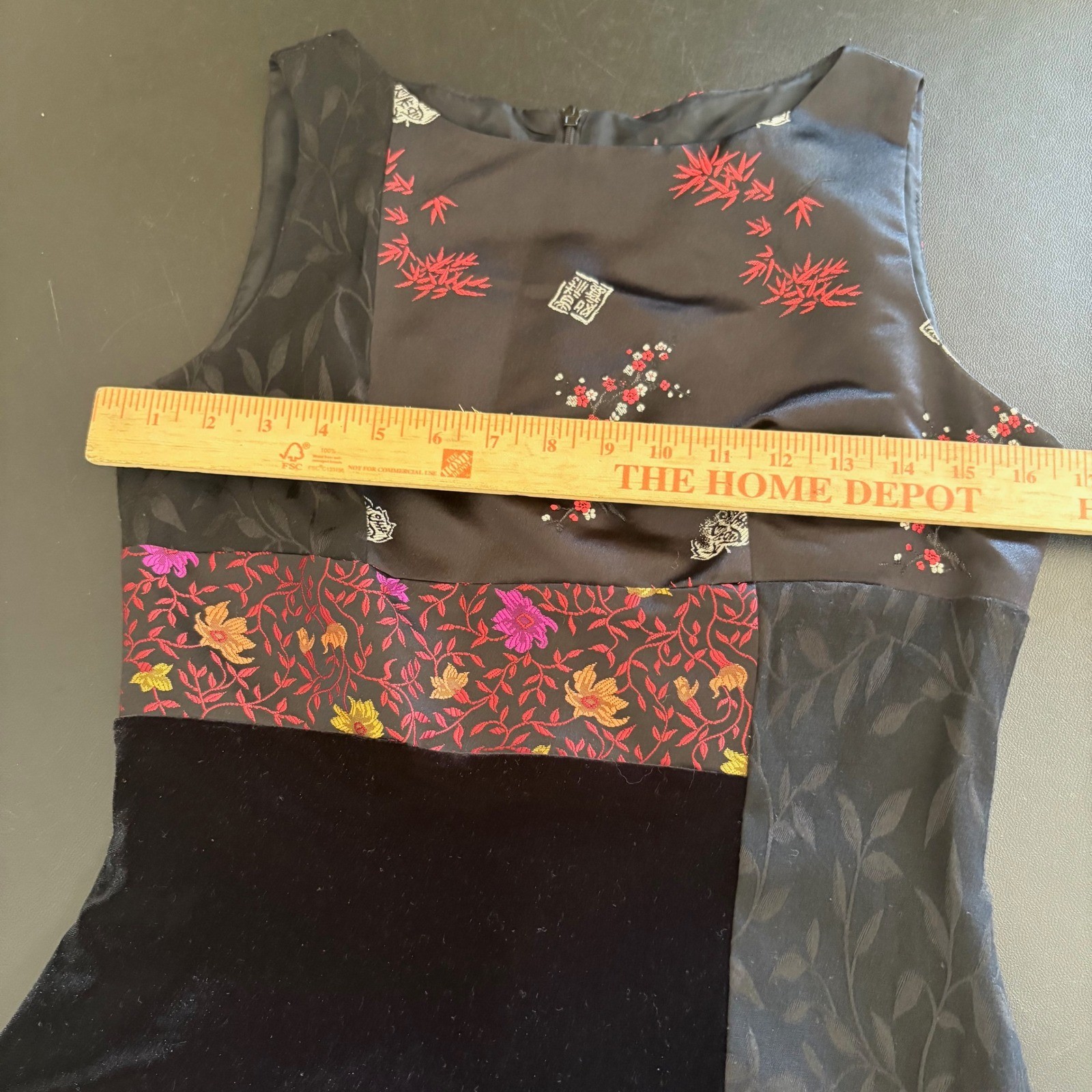 Vintage David Warren Asian Floral Satin Velvet Patchwork Sheath Dress Size 6
