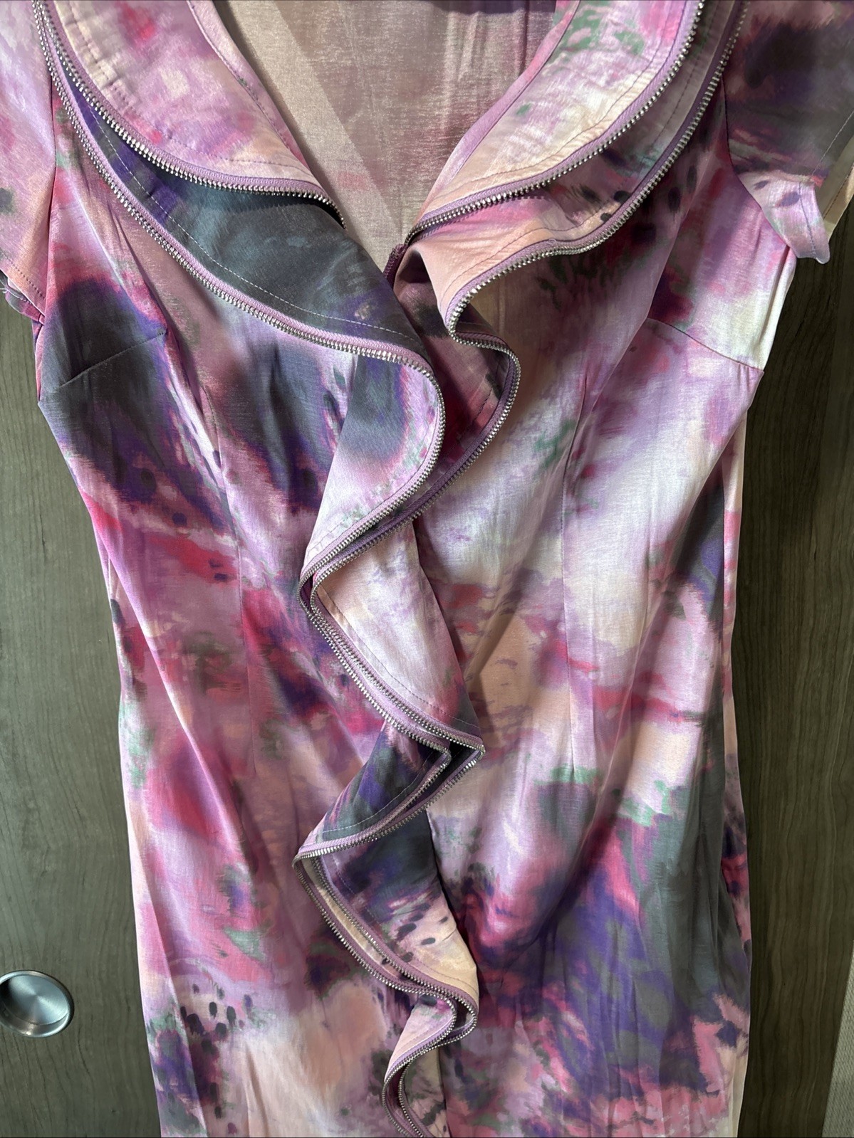 Samuel Dong ZIPPER Ruffle Dress Size Small Pink Floral Watercolor