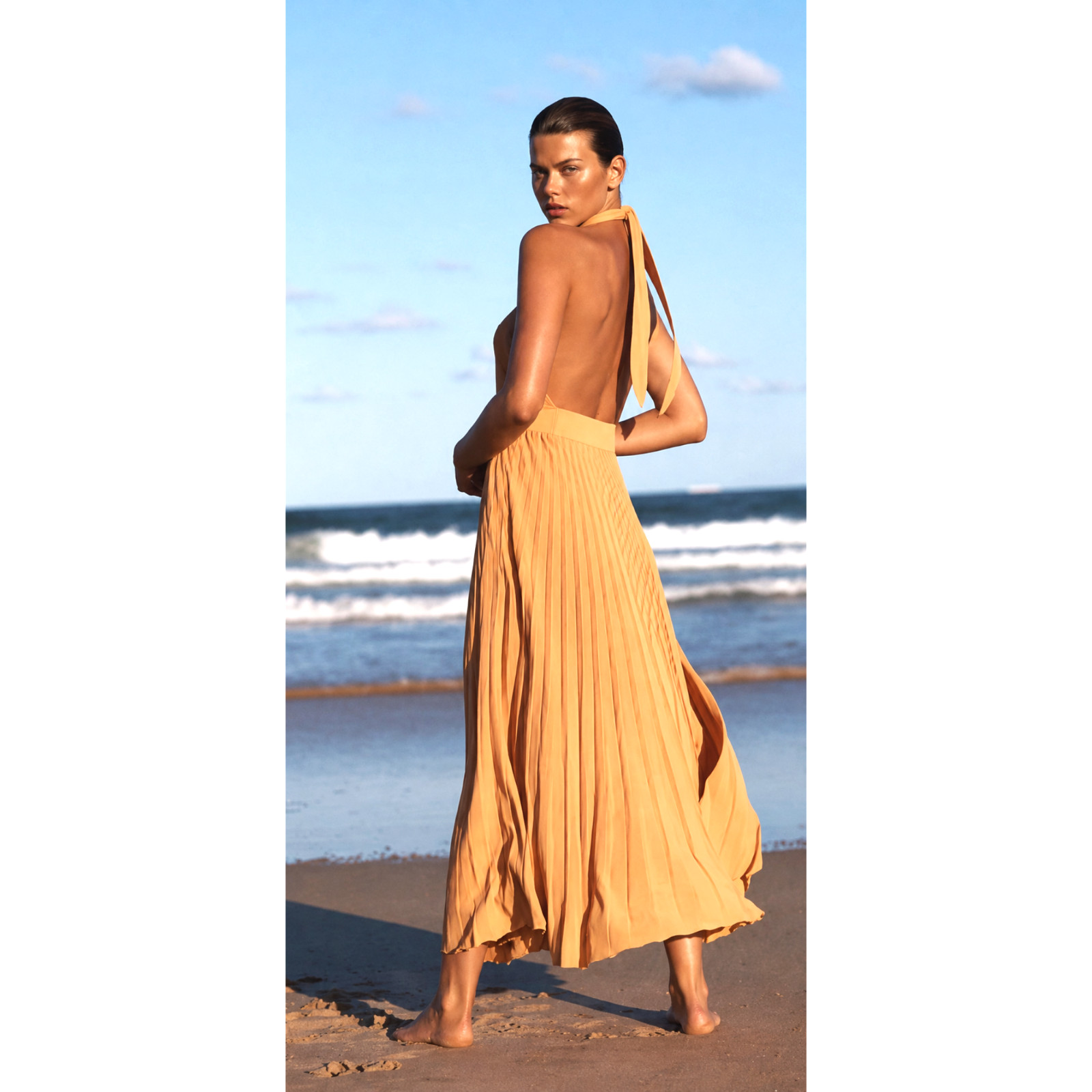 Scanlan Theodore Dress Midi Medium / AU 10 /US 6 Pleated Rib Halter Orange Peach