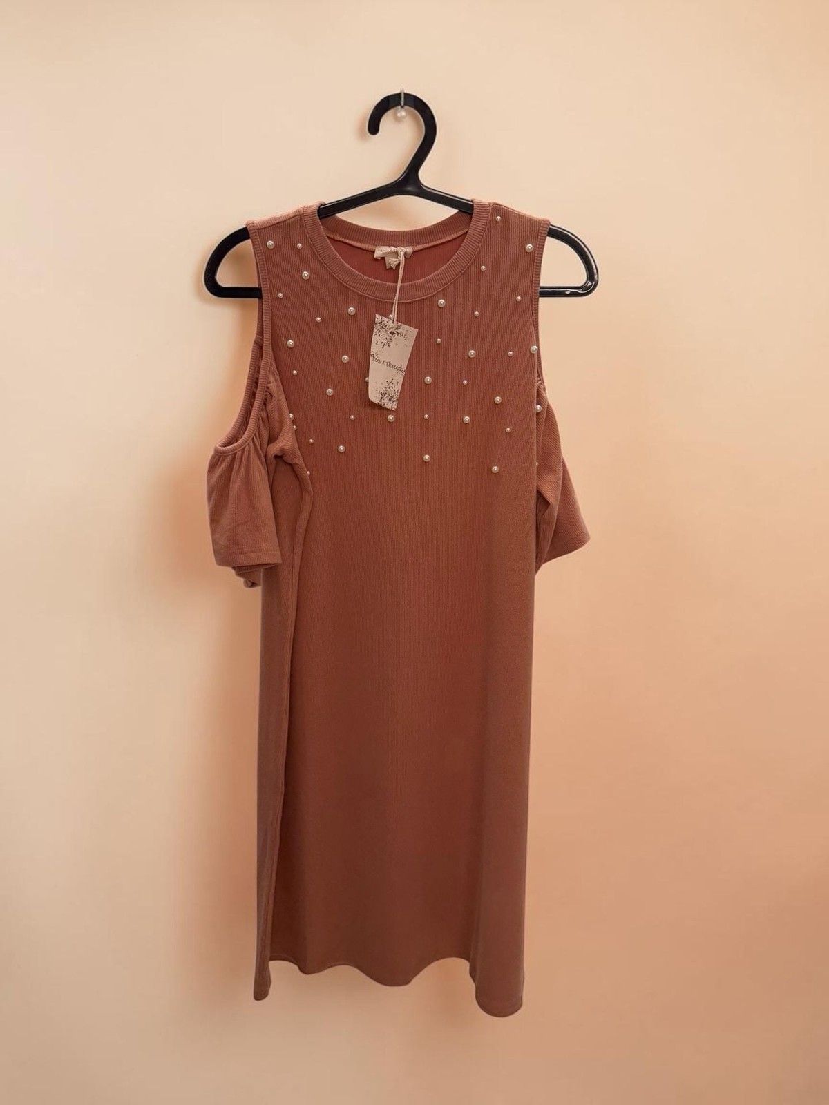 Hem & Thread Pearl Embellished Cold Shoulder Ribbed Dress Size S Mauve