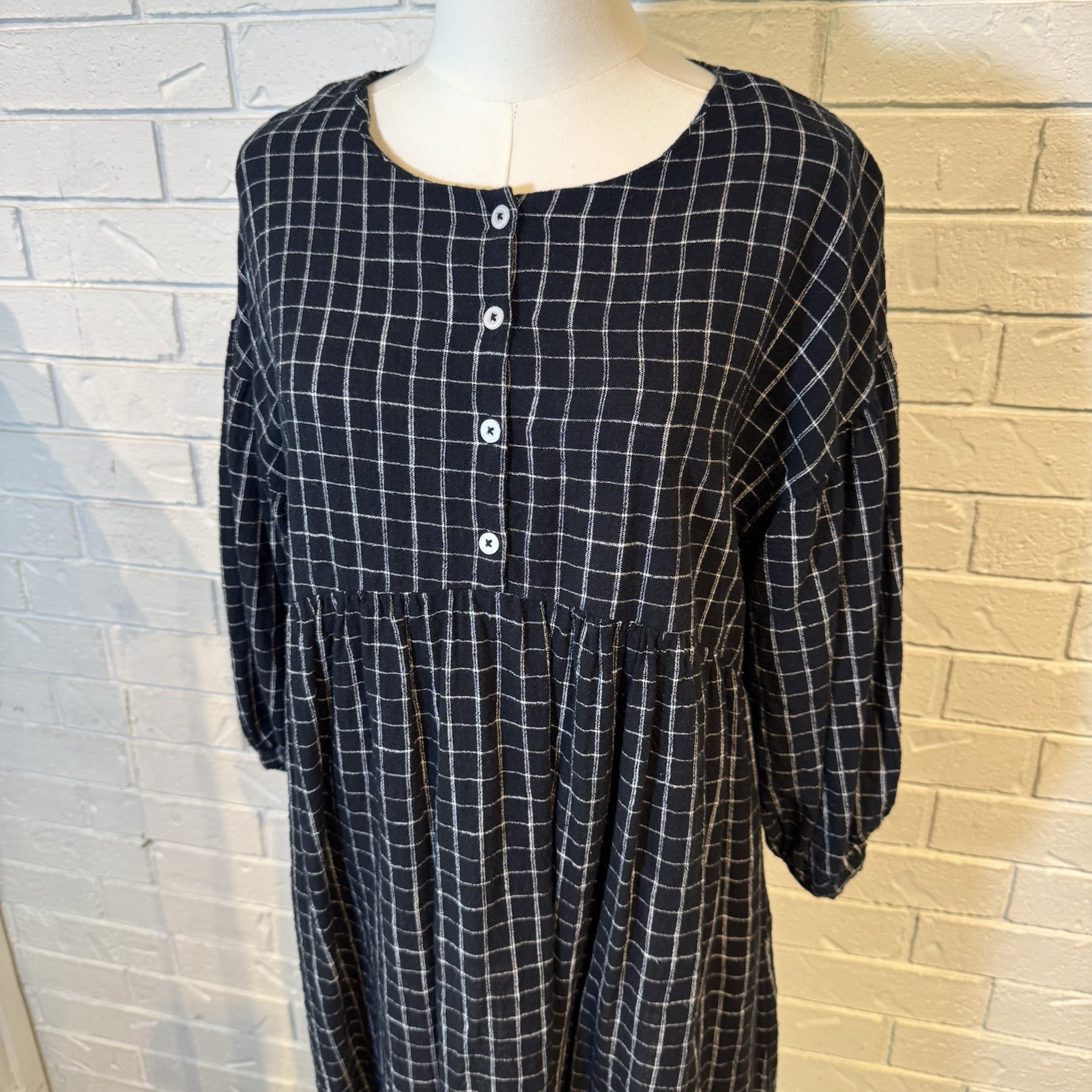 ABLE Nico Black White Windowpane Cotton Babydoll Swing Dress Puff Sleeve Size M