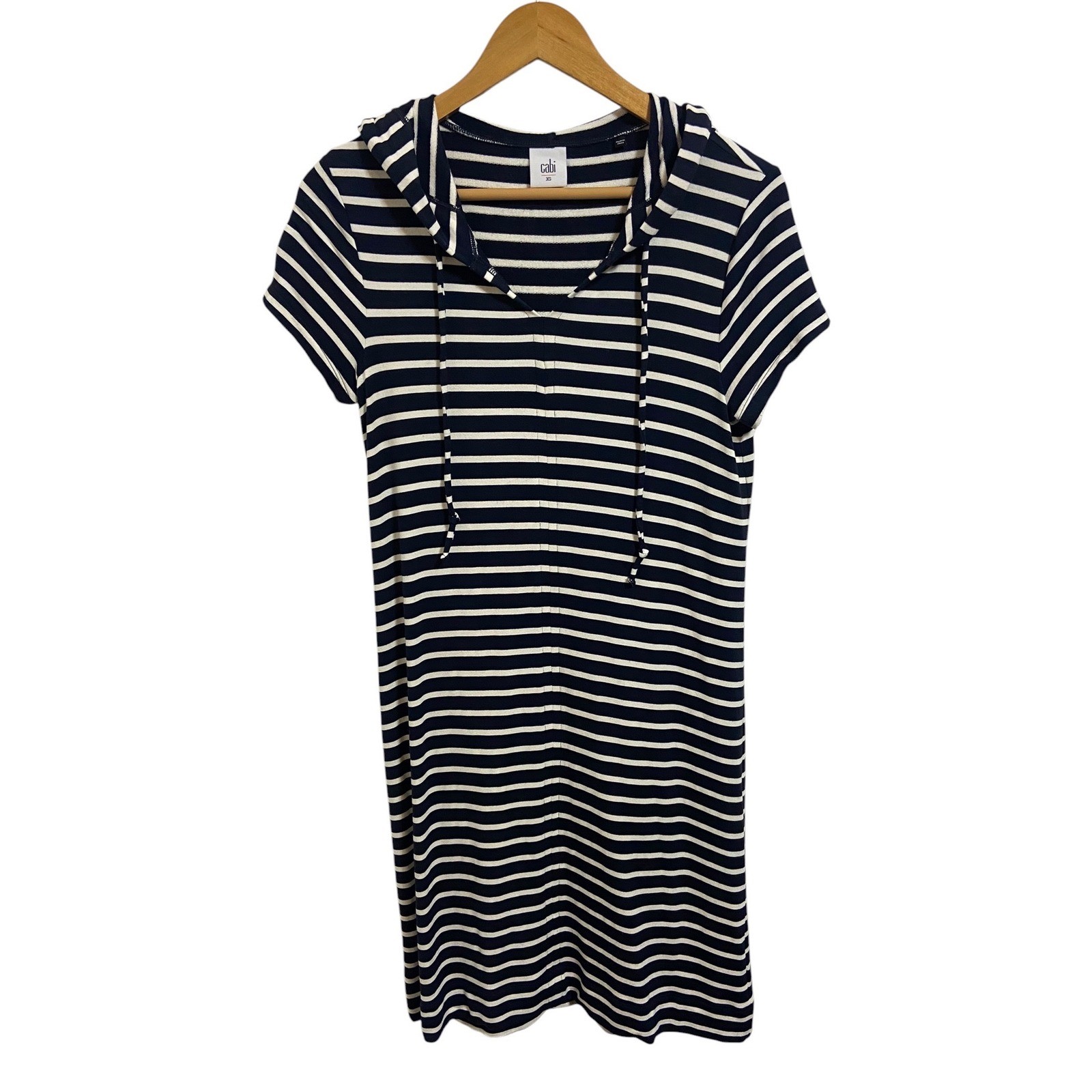 Cabi Navy White Striped Hooded Short Sleeve T-Shirt Dress Nautical Coastal XS