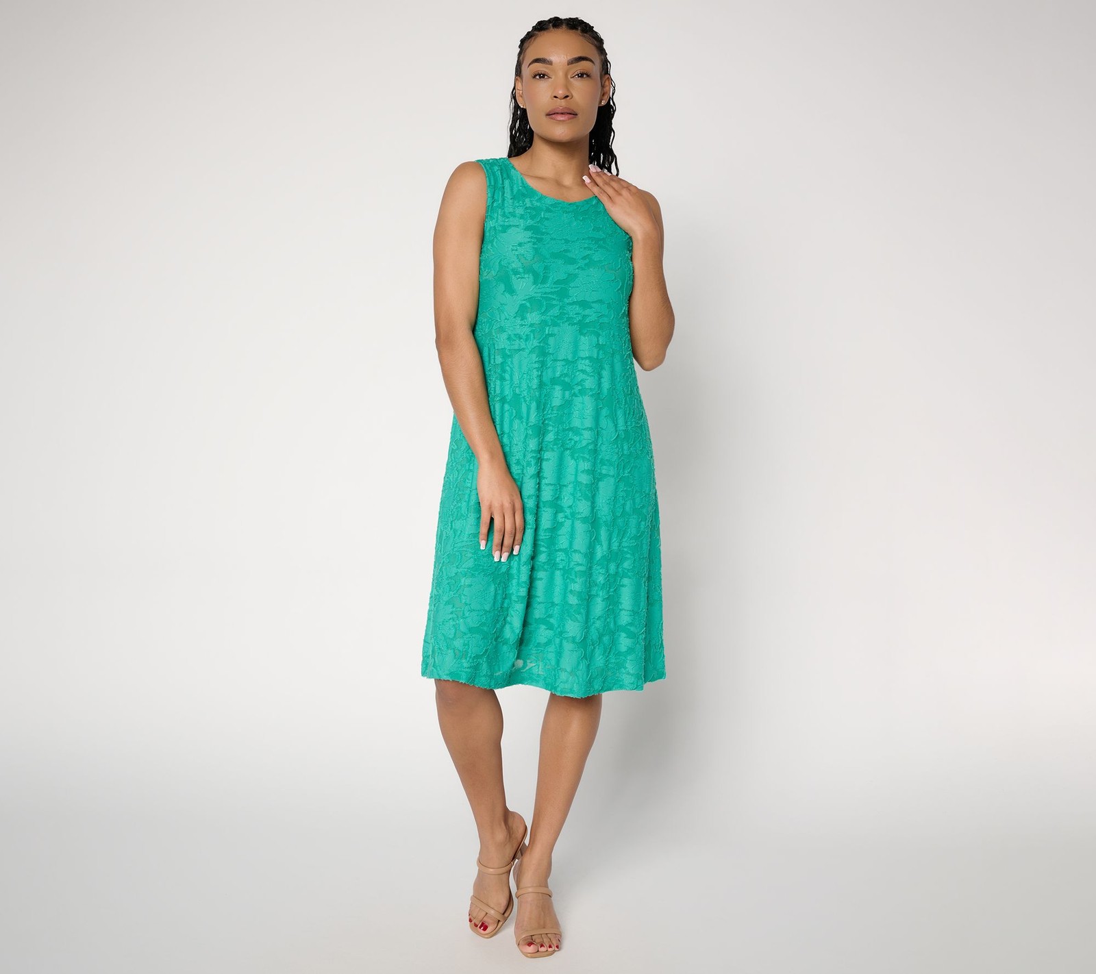 Susan Graver Regular Burnout Knit Sleeveless A-Line Dress Jade Breeze 1X New