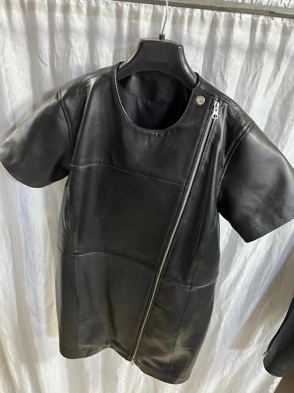 Womens Black Zipper Motorcycle Leather Dress. Real Sheepskin Slim Fit Long Dress