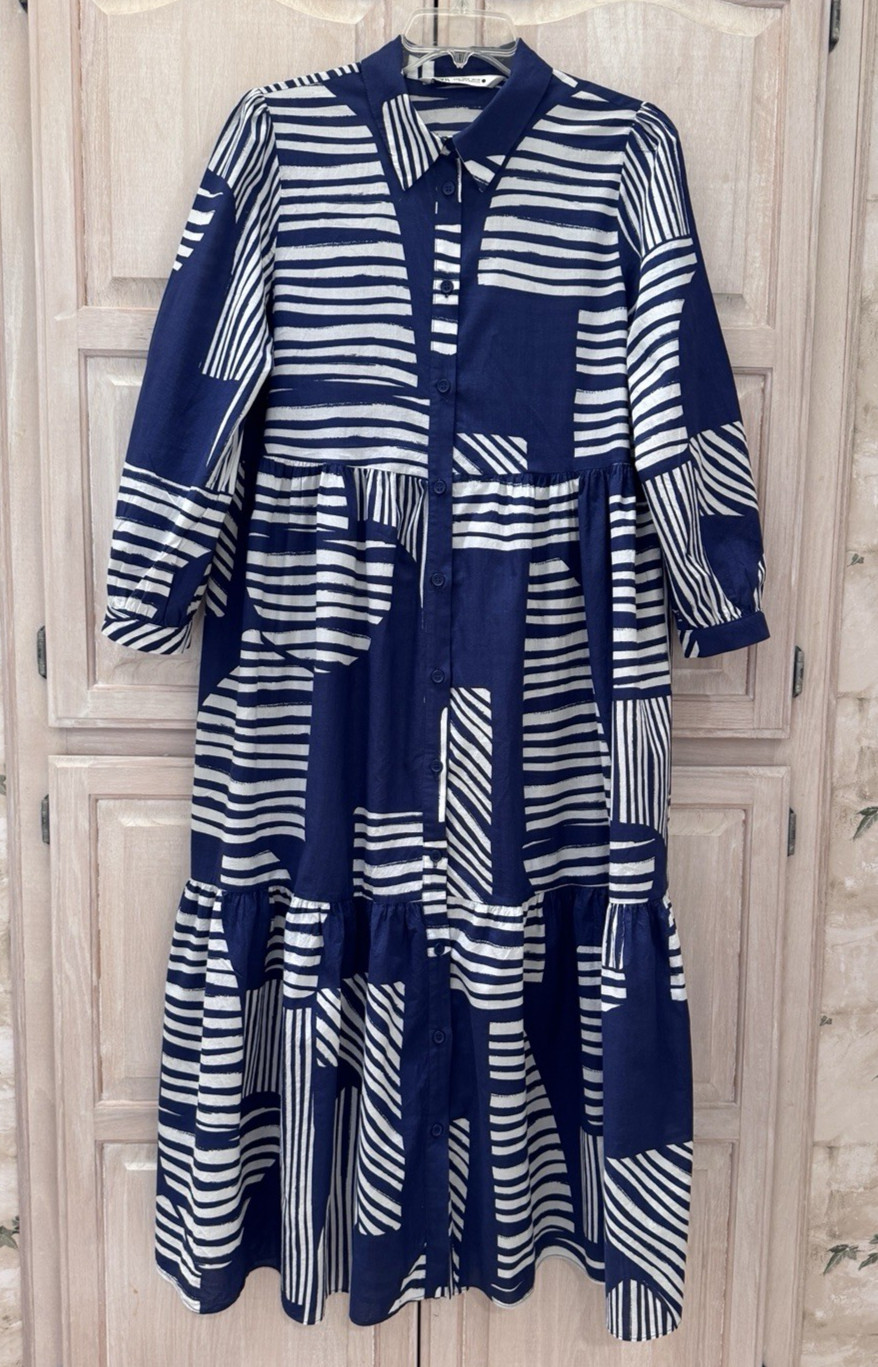 Zara Navy Blue & White Geometric Button Front Tiered Midi Dress Size Medium