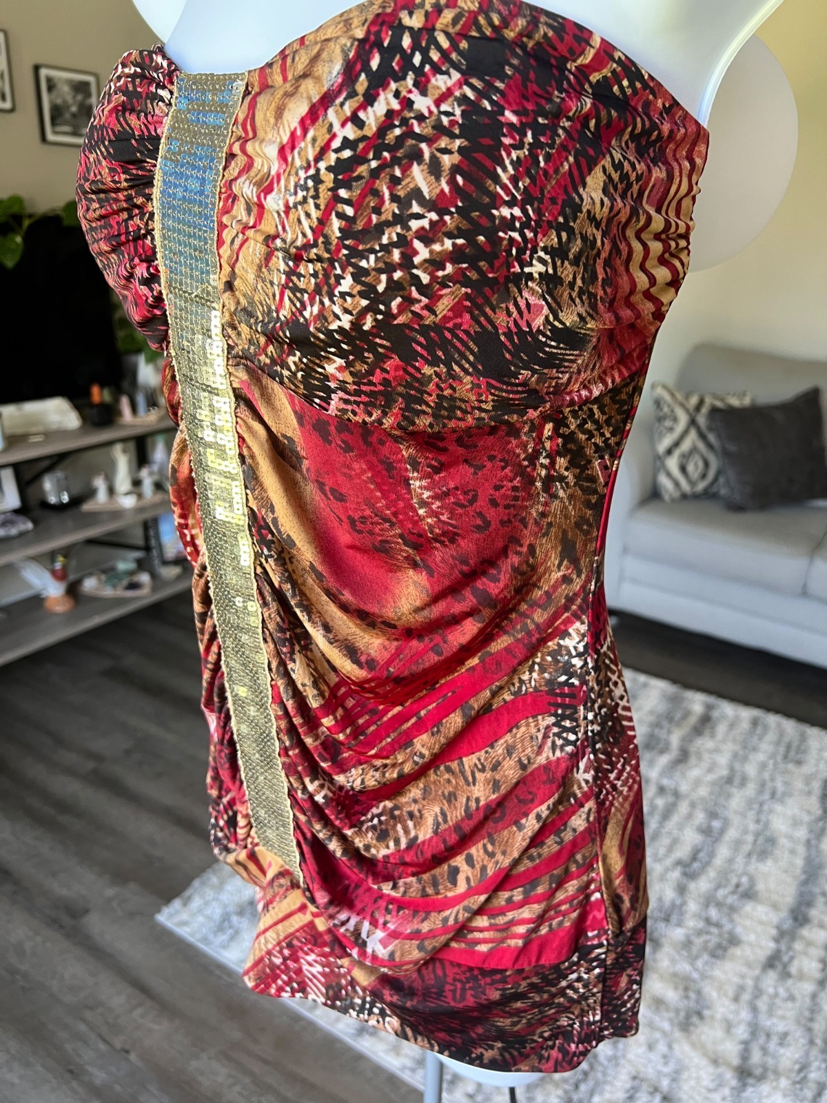 dots Strapless Silk Sequin Ruched Mini Dress Red Size Large #681