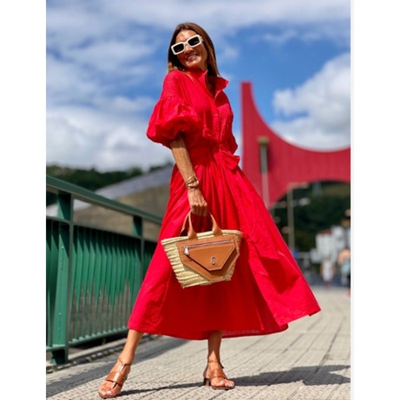 MARIELLE ALMELO Stokkelaar OS S M L Phoebe Red Midi Dress Puff Sleeve