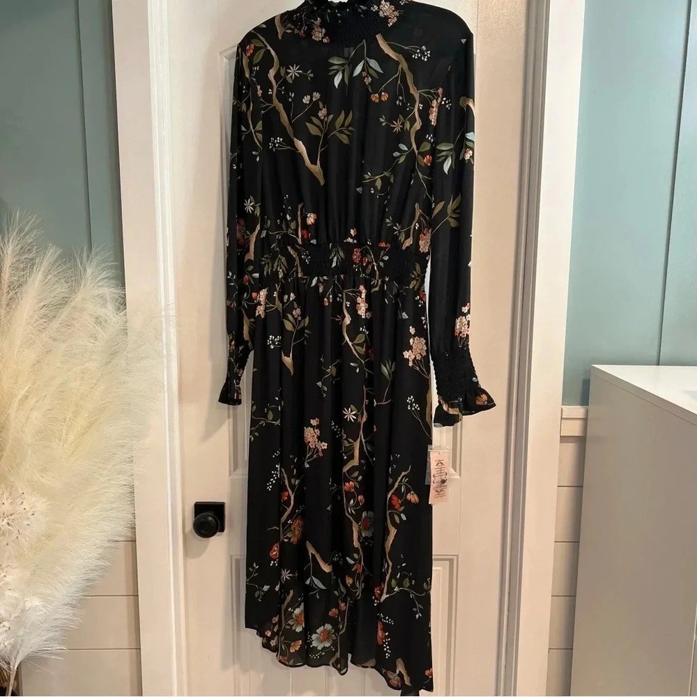 Nanette Lepore Floral Smocked High/Low Dress in Very Black Multi. Size 14. NWT.