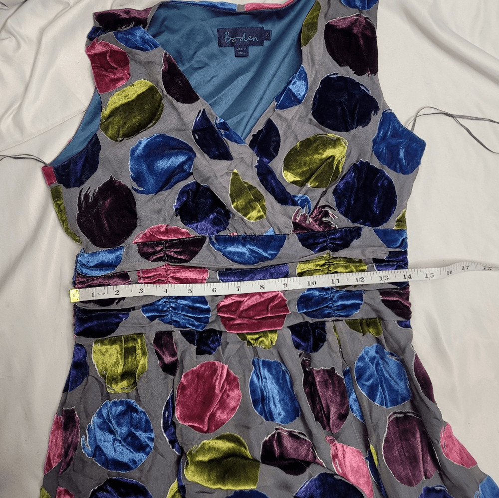BODEN velvet polka dot silk sleeveless shirred waist v-neck dress 6