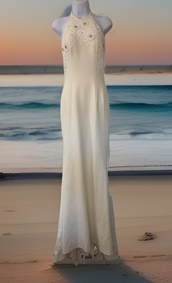 Sherri Hill Ivory Halter Beaded Formal Gown Pageant Prom Wedding Dress Sz 2