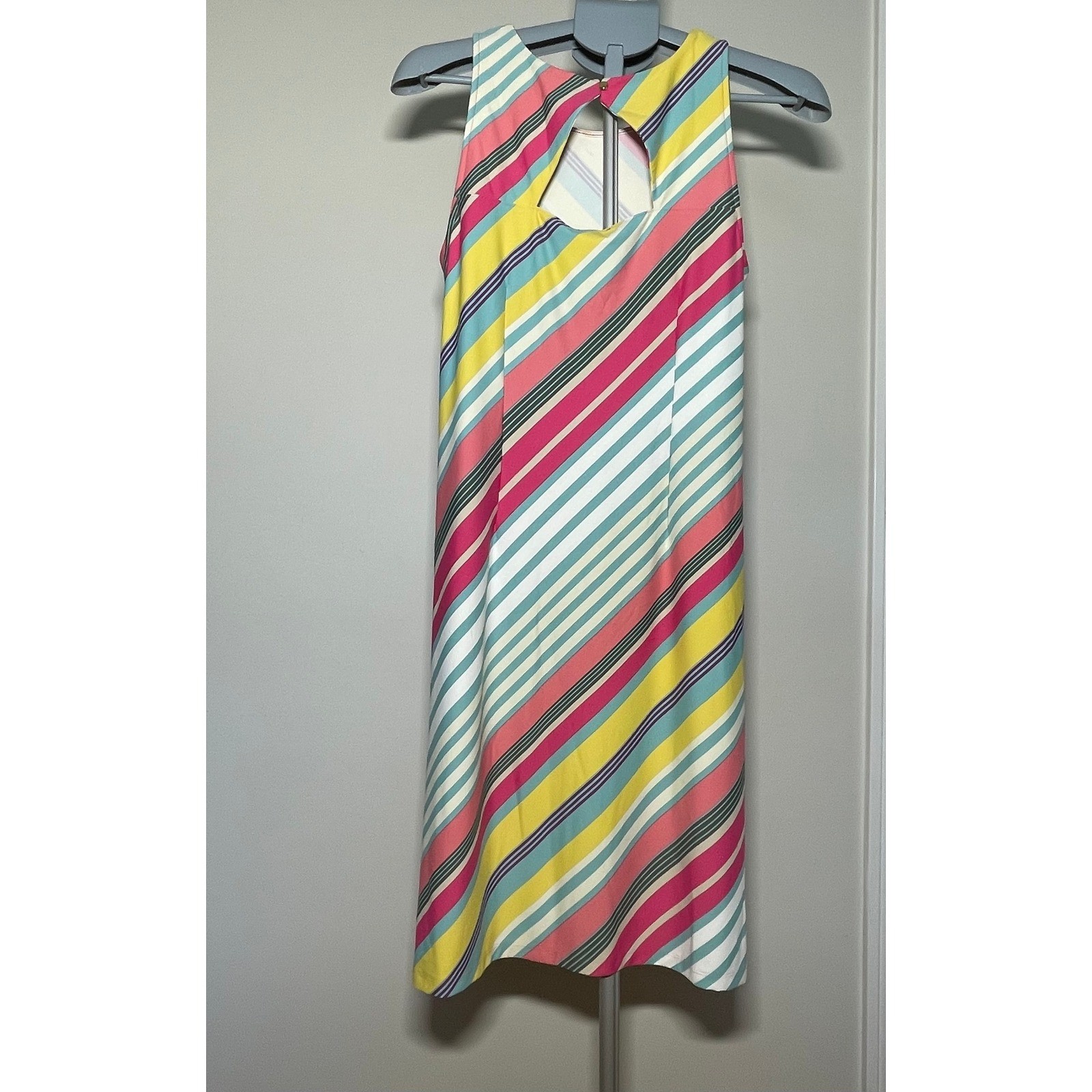 Talbots Plus Women Medium Pink Yellow Blue Striped Keyhole Back Shift Dress