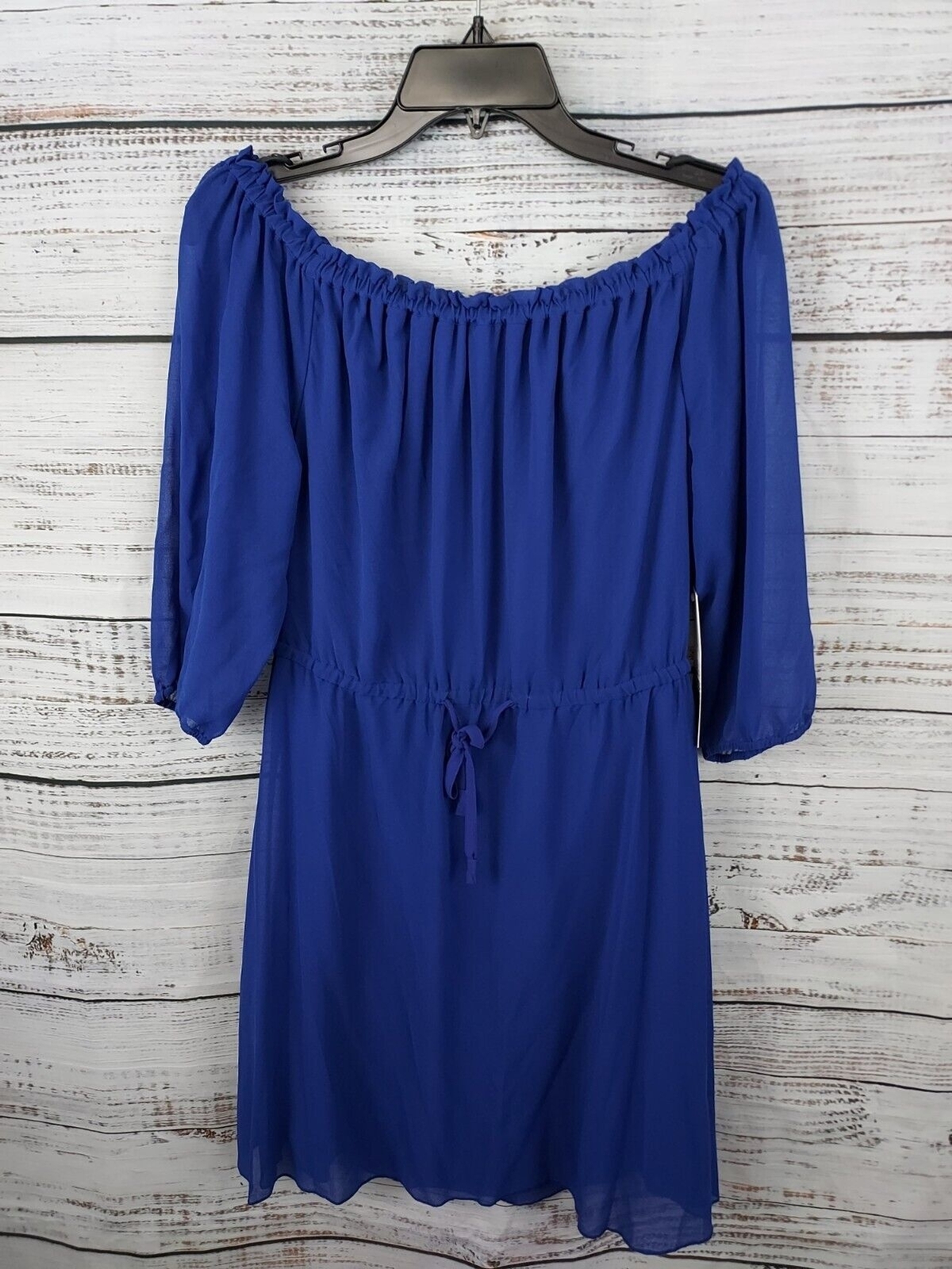 Kensie Dress Medium Blue Off the Shoulder Drawstring Waist Sheer Sleeves NEW