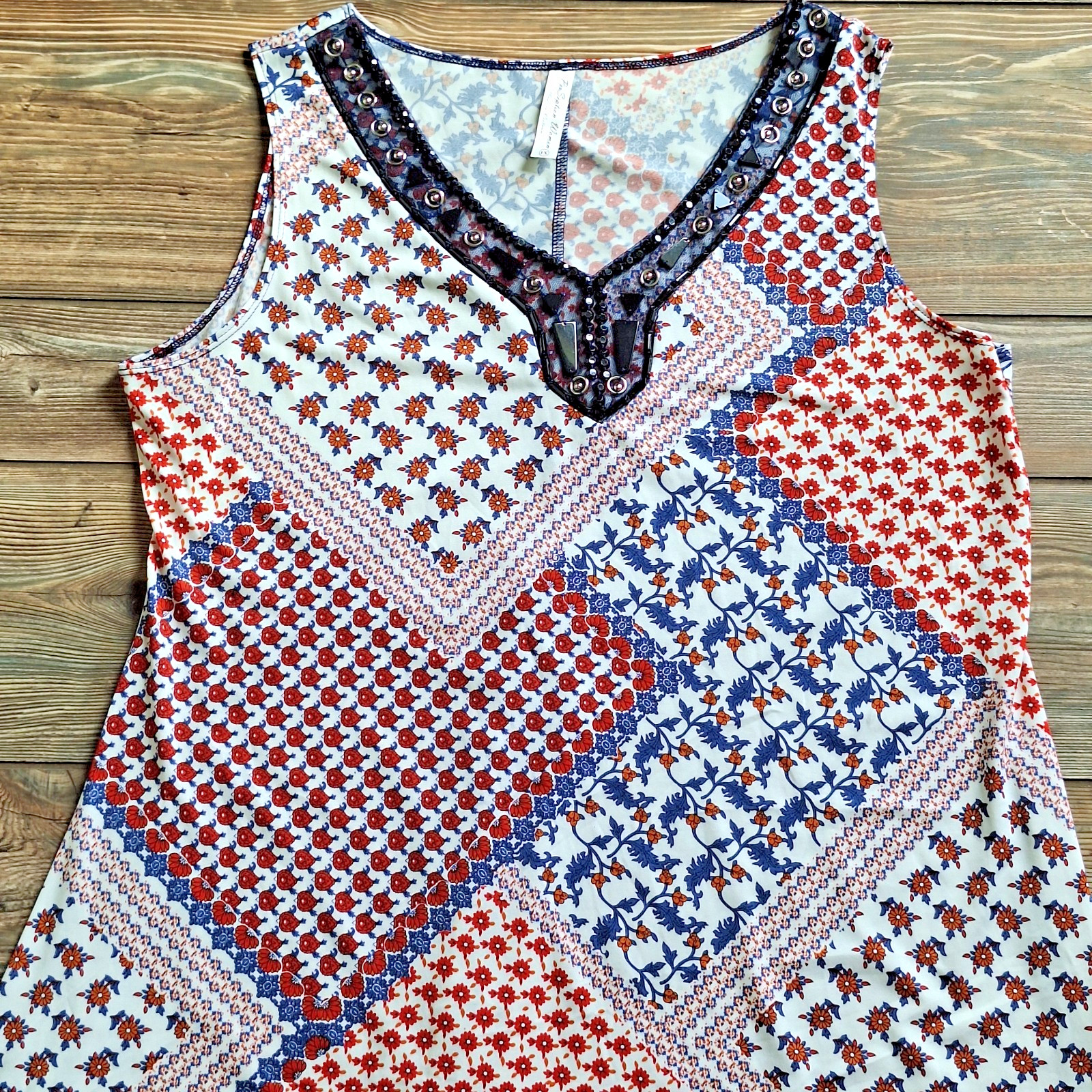 PerSeption Women Geometric Floral Patchwork Handkerchief Hem Stretch Dress 1X