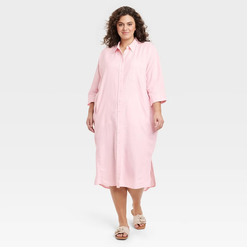 Universal Thread Women 3/4 Sleeve Midi Button Down Shirt Dress