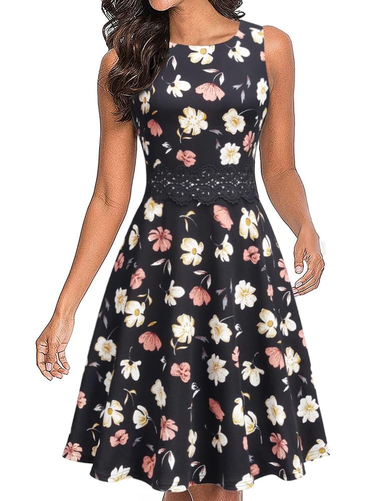 Women’s Vintage Floral Lace Flared A-Line Swing Casual Party Cocktail Dresses