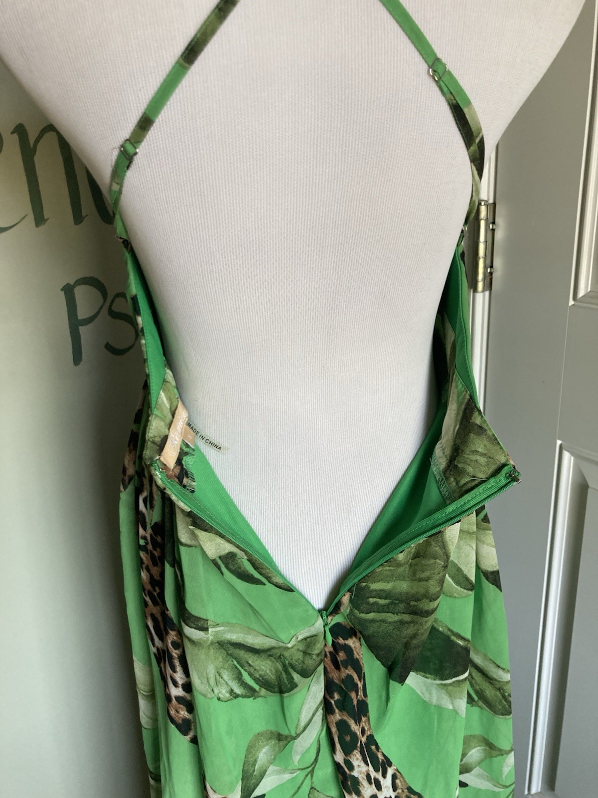 S Strappy Halter Green Leaf Long Maxi Sun Dress Knee-slit Versatile V-neck Lined