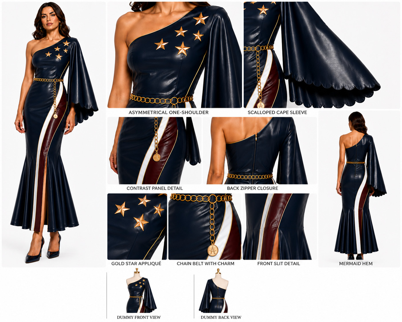 USA Flag Genuine Leather Bodycon | One Shoulder Maxi | Patriotic Evening Gown