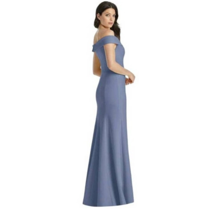 NWT Dessy Collection Off The Shoulder Notch Trumpet Gown Larkspur Blue Sz 8