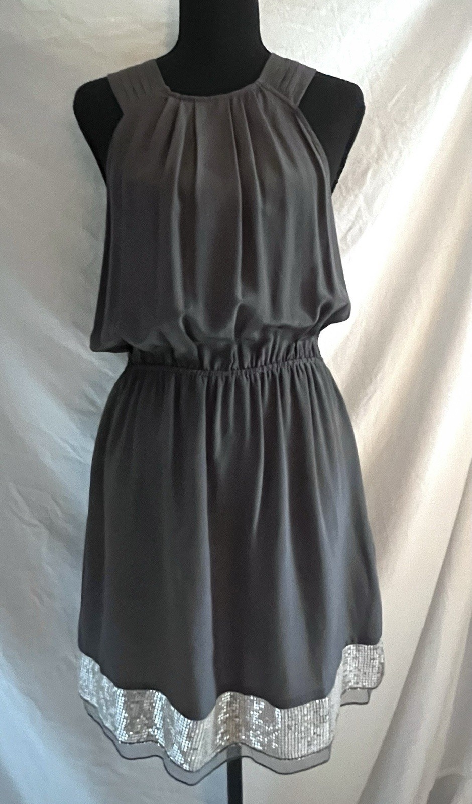 Anthropologie/ Trinity 100% Silk charcoal grey blouson mini Cocktail dress