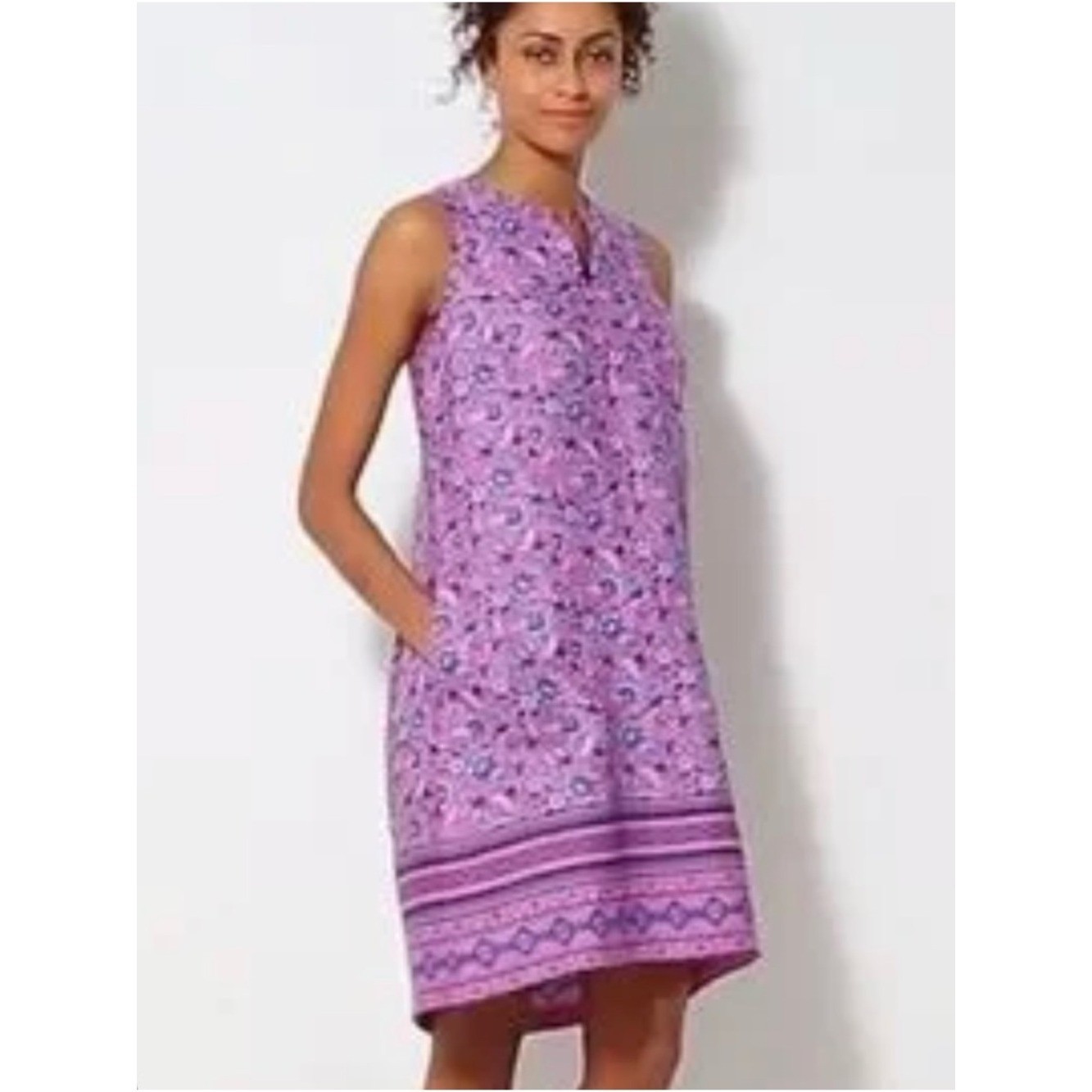 J JILL LOVE LINEN 100% LINEN TANK DRESS IN LAVENDER FLORAL Small Shift