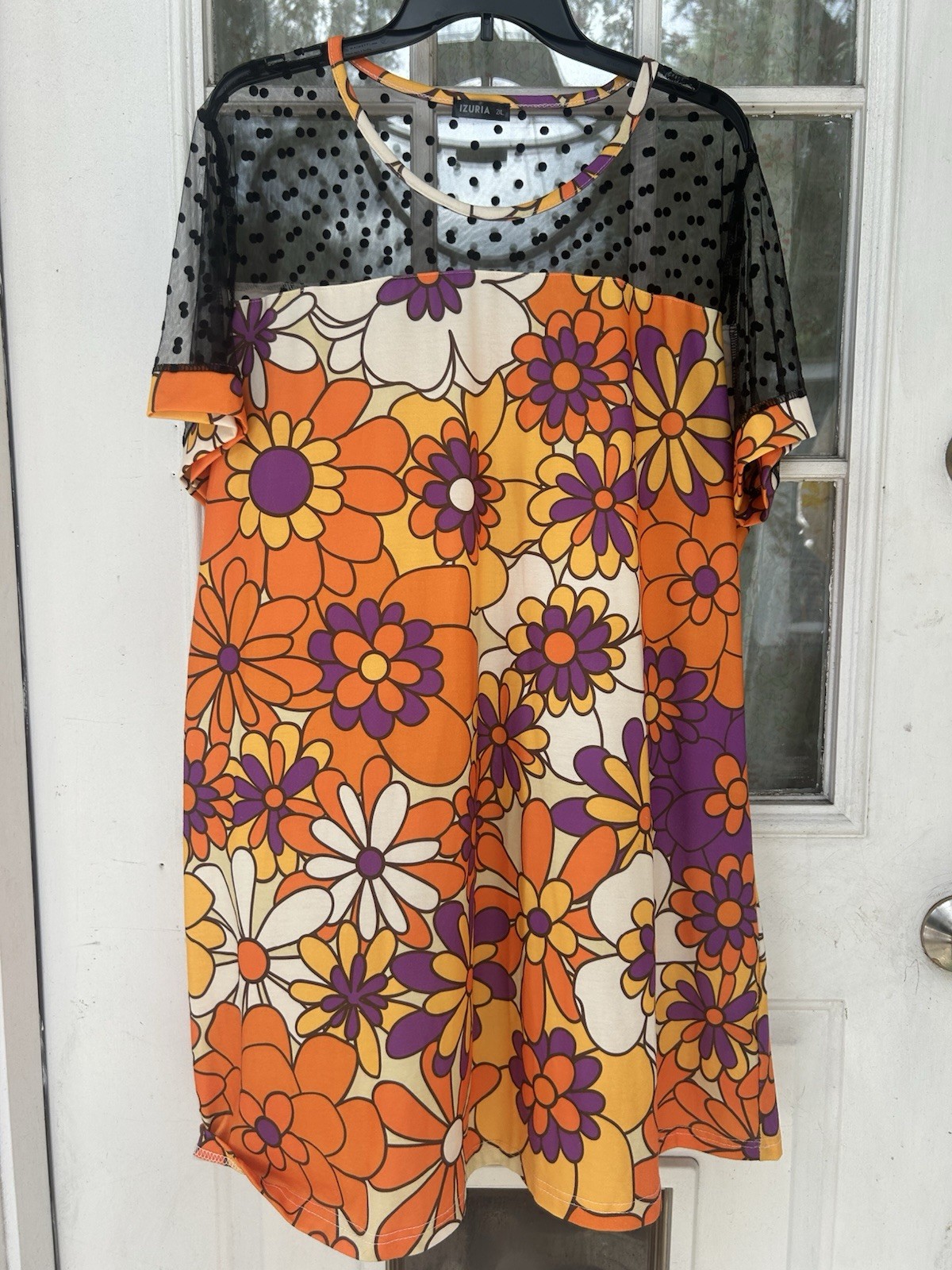 IZURIA Orange/Purple Floral Shift Dress Sheer Mesh Yoke Short Sleeve 2XL