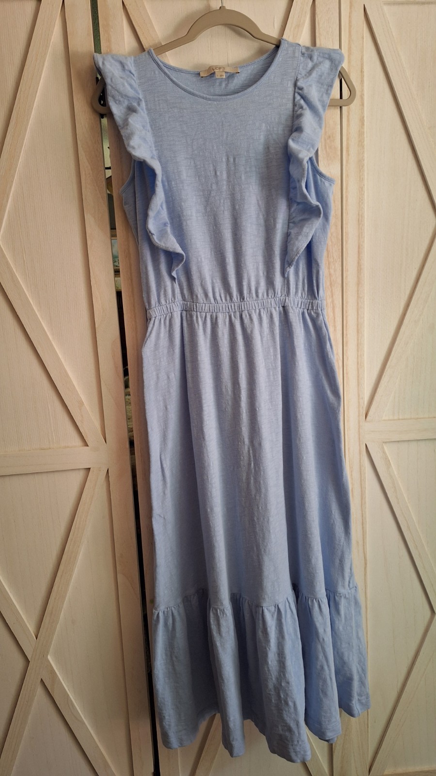 LOFT A-Line Dress Knit Light Blue Ruffle Sleeve Sleeveless Round Neck Midi S