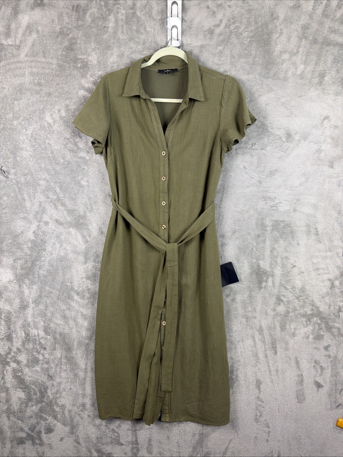 NWT Lulus Italian Summer Olive Green Linen Button-Up Short Sleeve Dress Small
