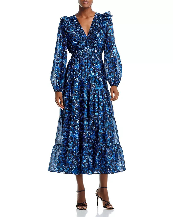 Aqua Blue/Black Paisley Print Tiered Maxi Dress L82014 Womens Size S
