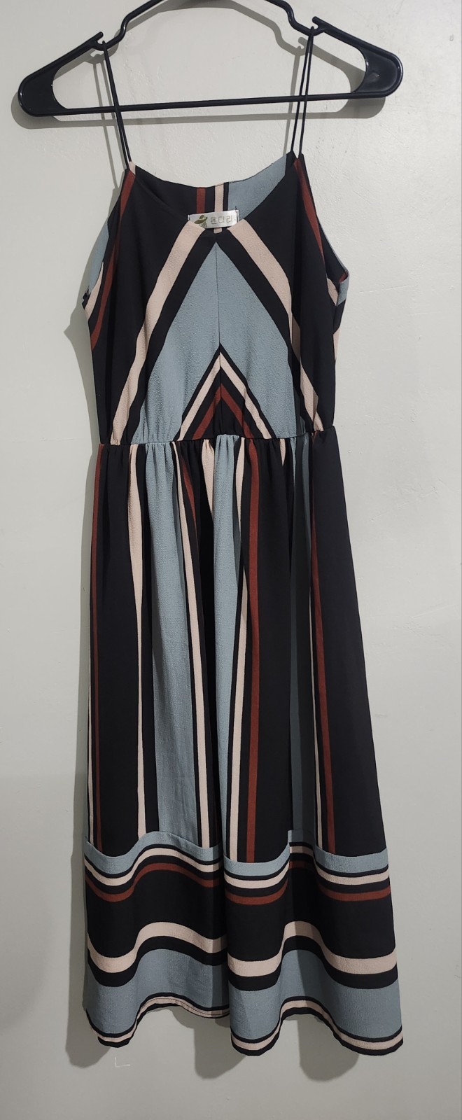 Black Red Beige Blue Striped Retro Sleeveless Strappy V Neck Midi Women MEDIUM