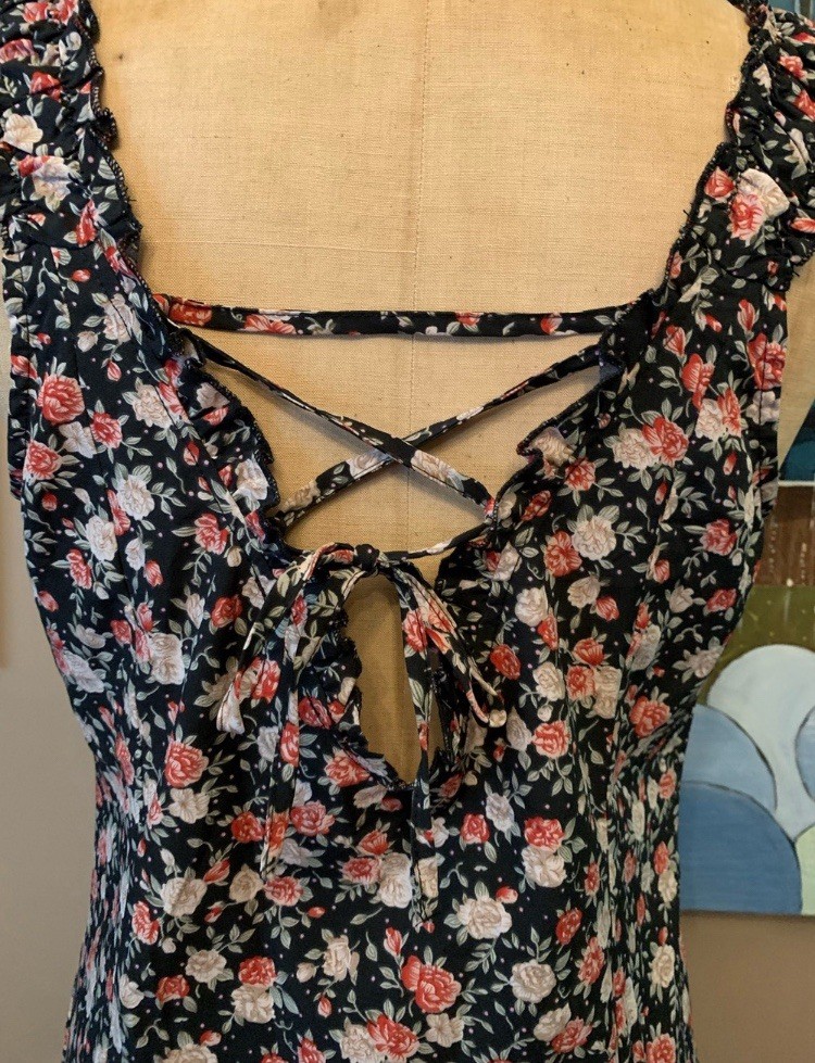SHEIN Cottagecore Black Rose Print Sleeveless Ruffle Dress Large