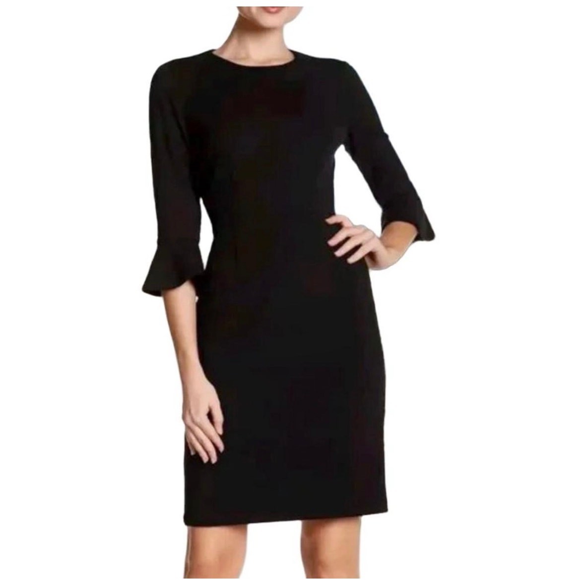 Donna Morgan Black 3/4 Ruffle Sleeve Sheath Dress Lined Stretch Size 6