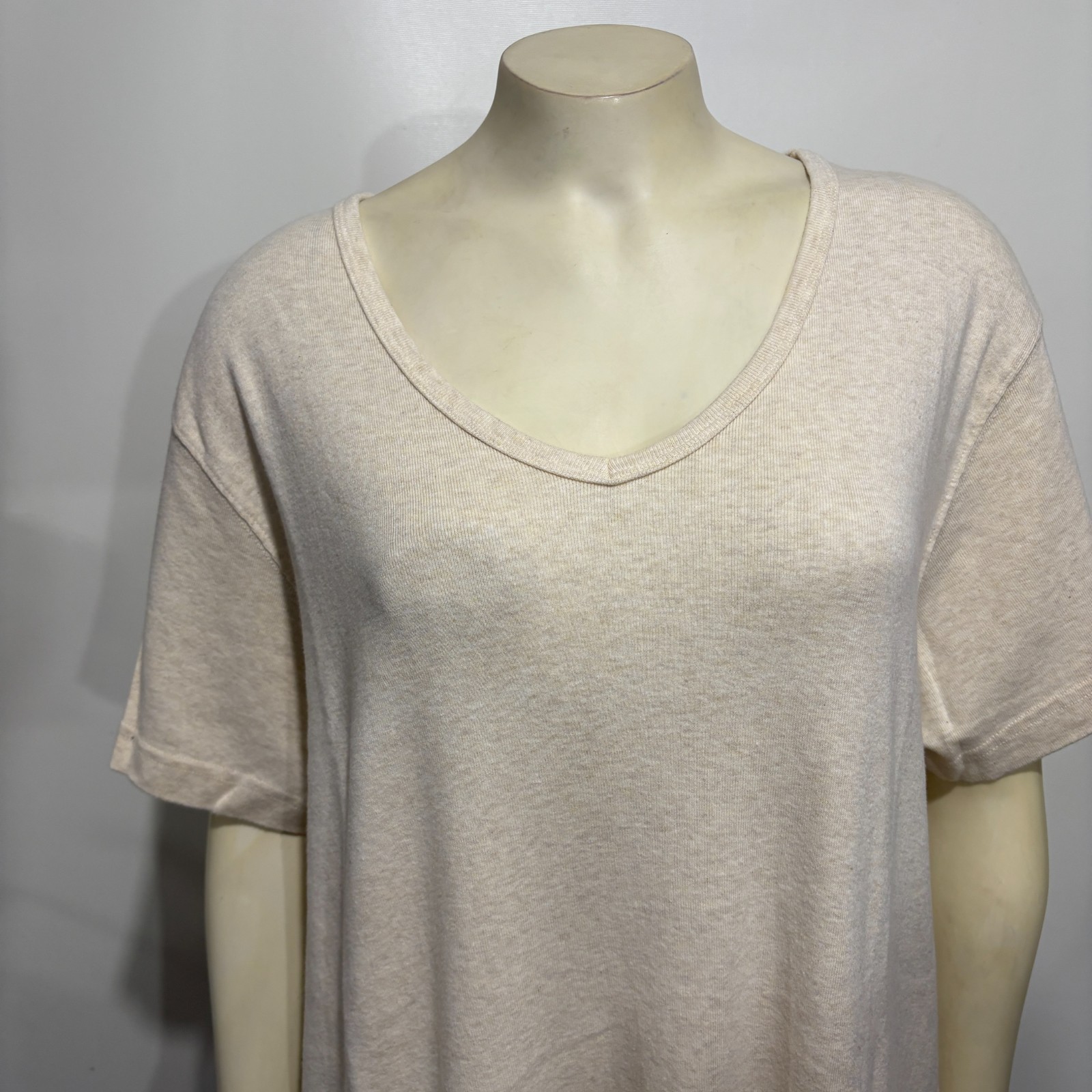 L.L. Bean PXL Oatmeal Beige Cotton Knit V-Knit Long Dress Short-Sleeve NEW